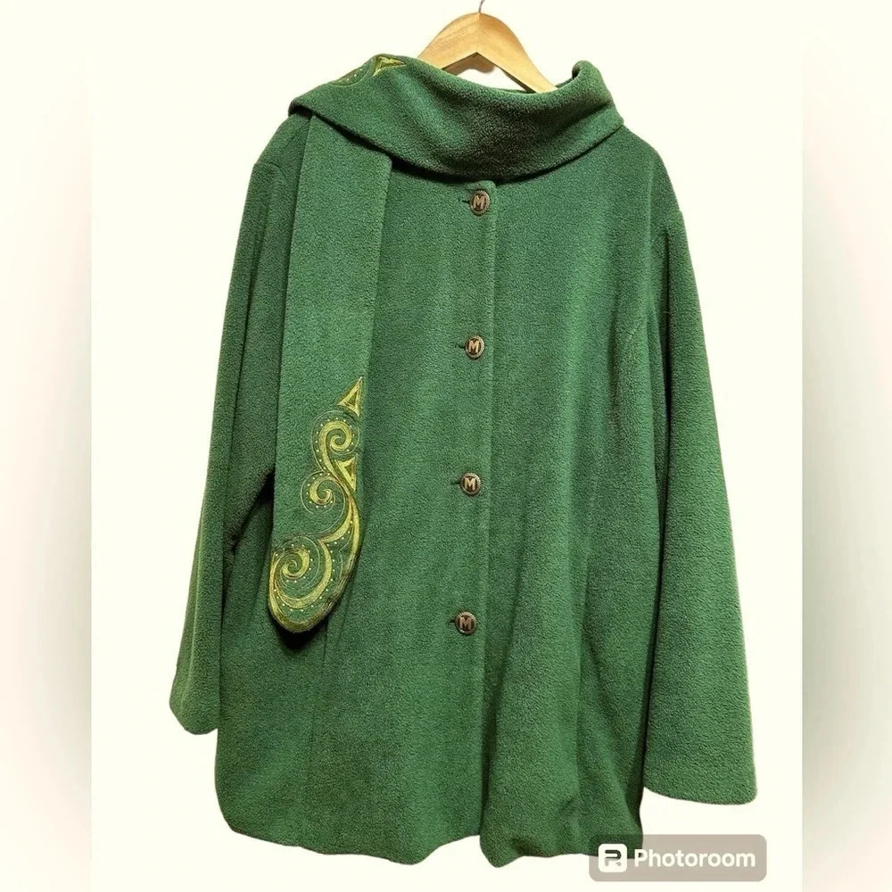 Vintage Bob Mackie Green Fleece Coat Attached Sca… - image 1